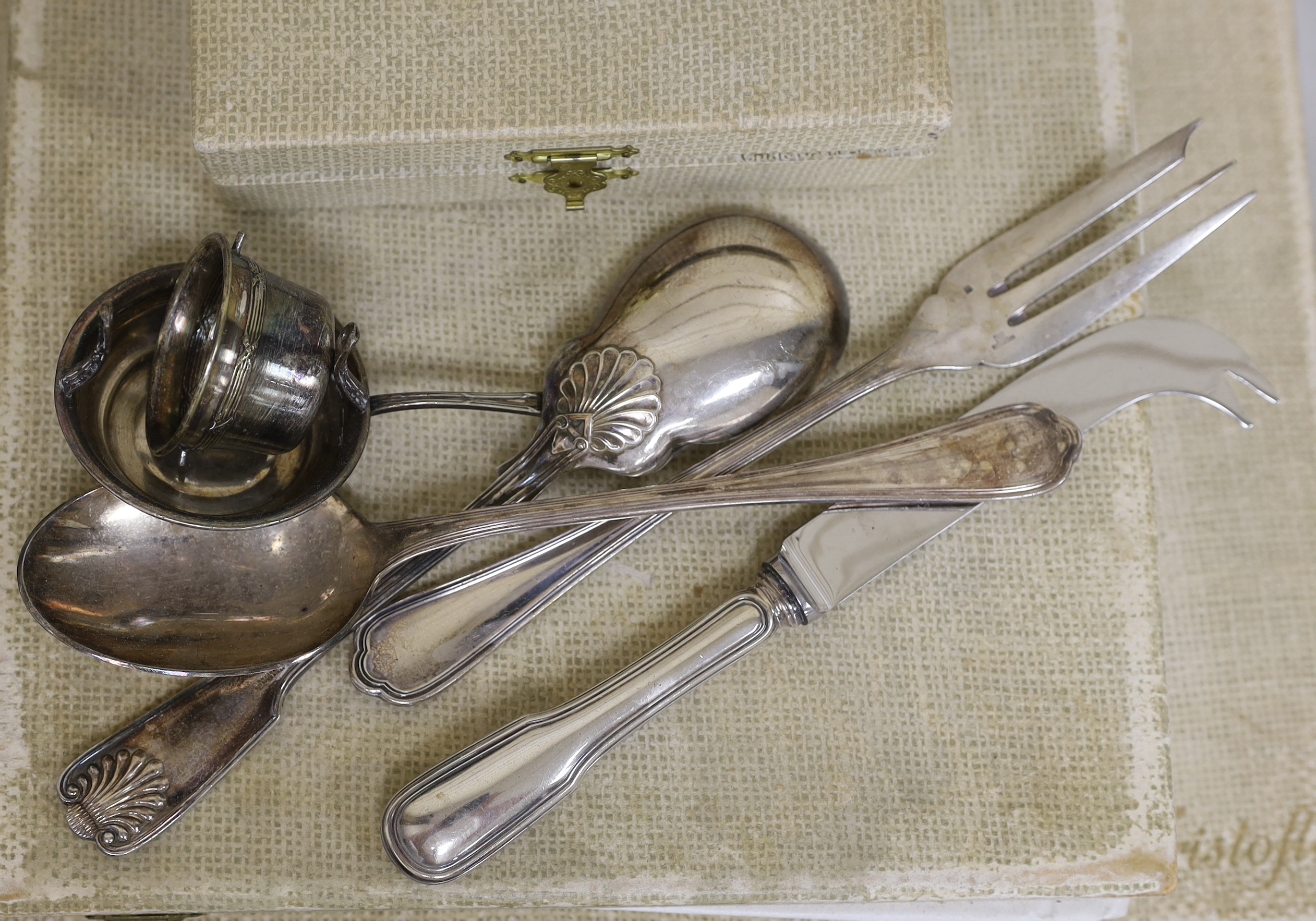 A pair of WMF coasters and two Christofle canteens of cutlery etc